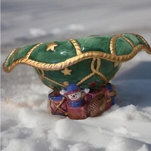 Vintage 1994 Fitz and Floyd Green and Gold Holiday Candy Bowl 3D Effects gift 9’